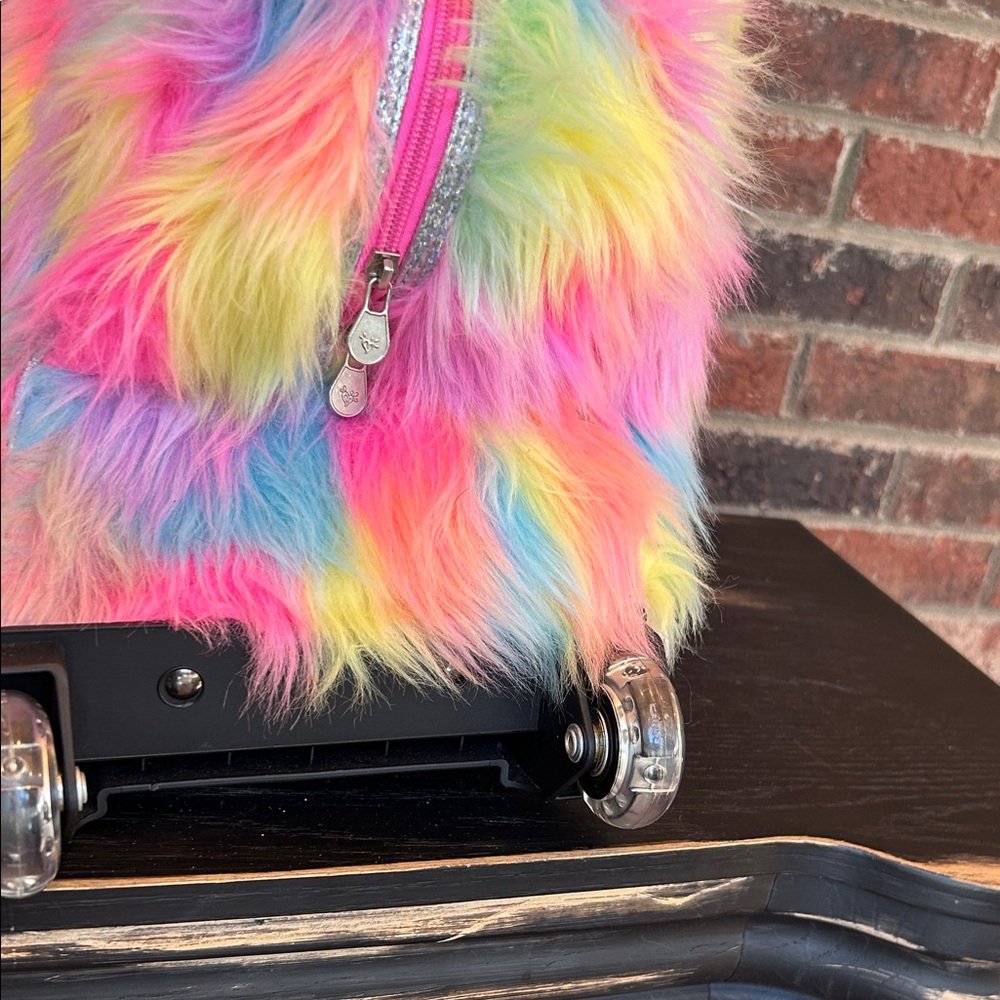 Justice Girls Emoji Fuzzy Rainbow Rolling Carry On Luggage bag light up wheels - Picture 3 of 9